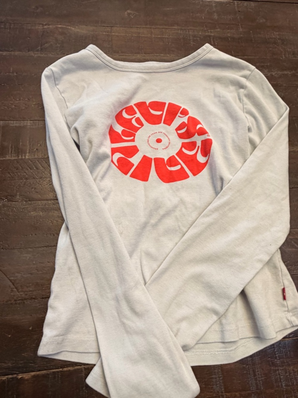 Levi's Light Gray Long Sleeve Tee with Red Graphic, staining on the front